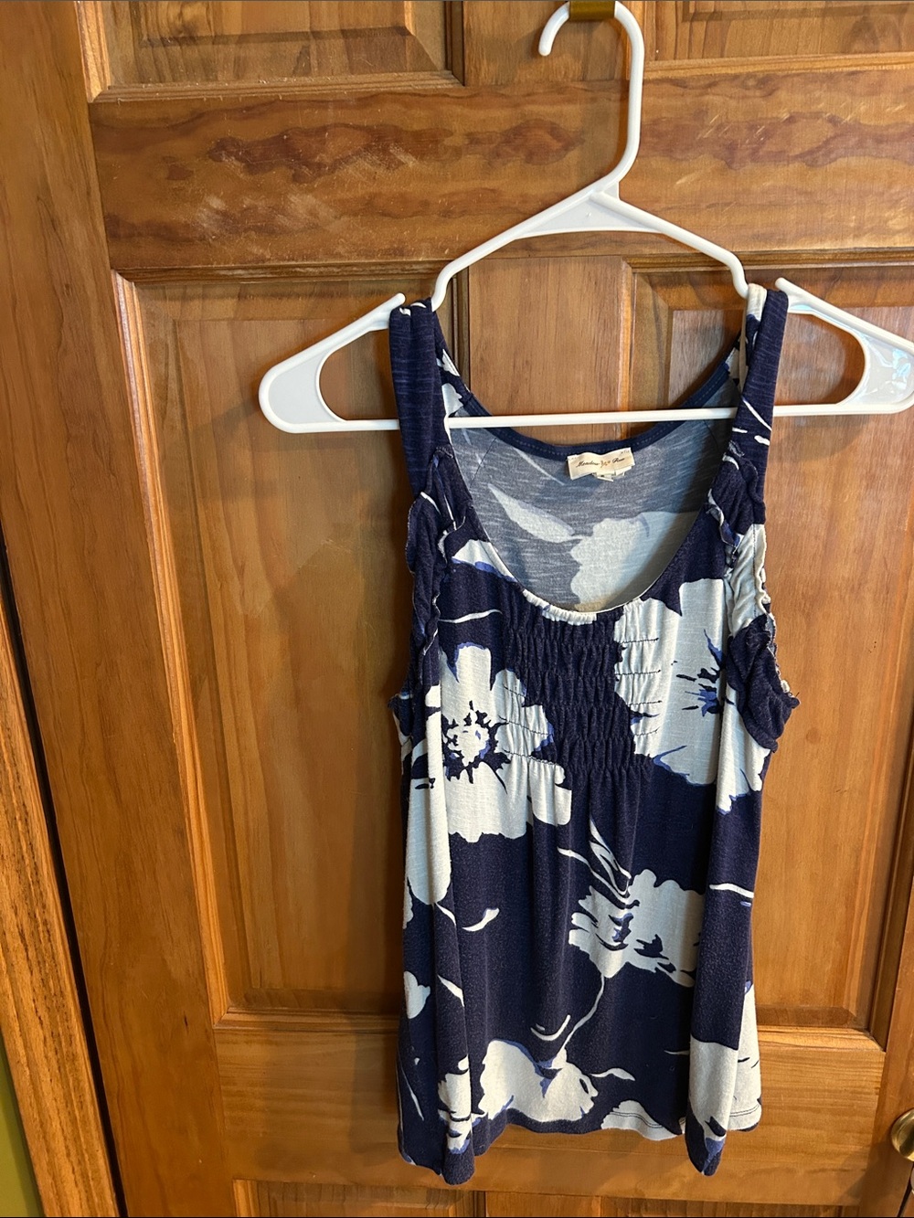 Anthropologie Navy and White Floral Smocked Tank